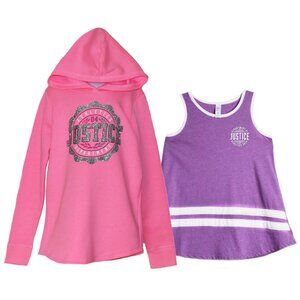 Justice Girls Athletics 2-Pc Set Pink Hoodie Sweatshirt Silver Logo Purple Tank